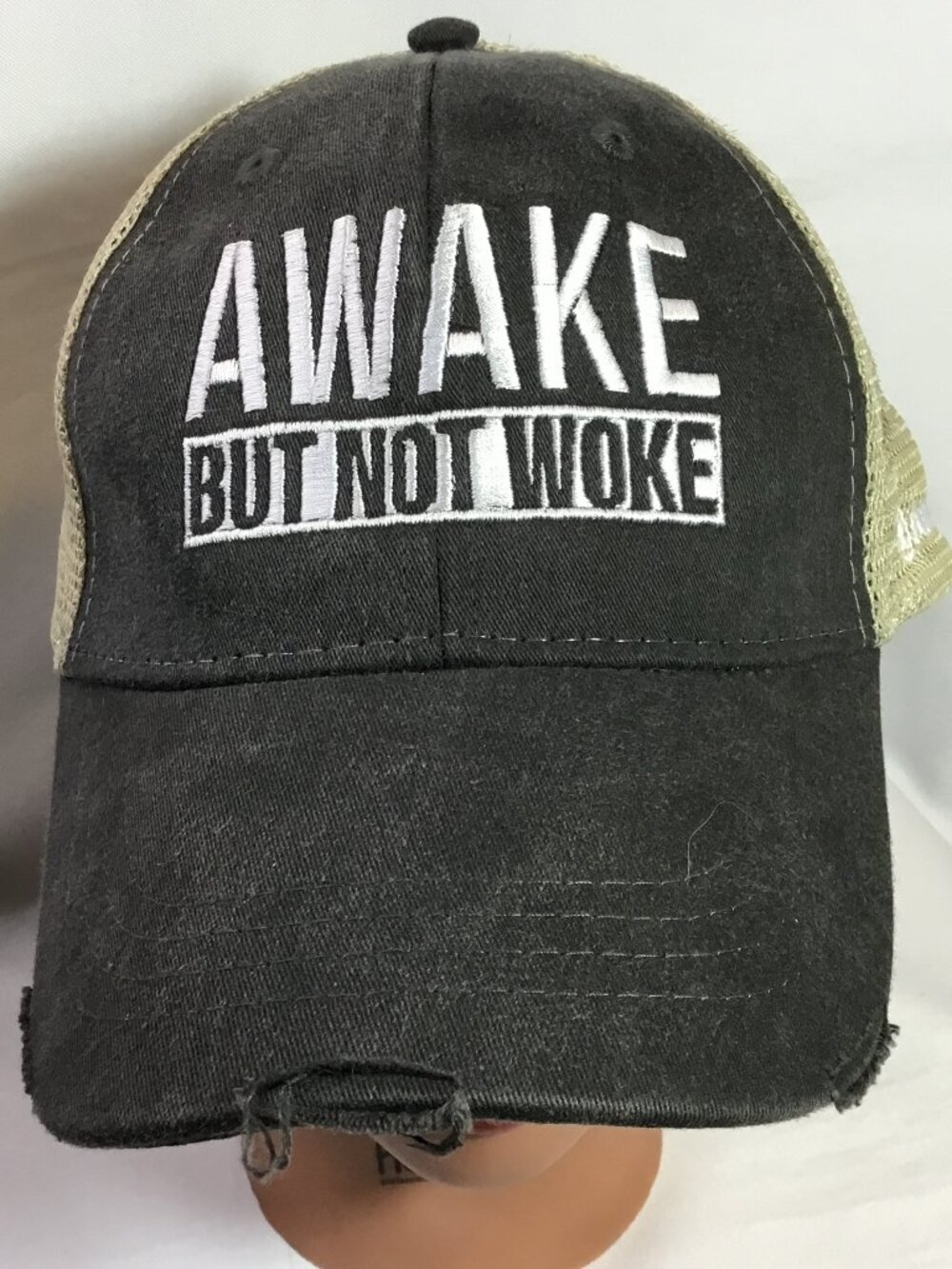 Awake But Not Woke Cap Hat Gray/Tan Awaken With JP Snapback Distressed NWOT